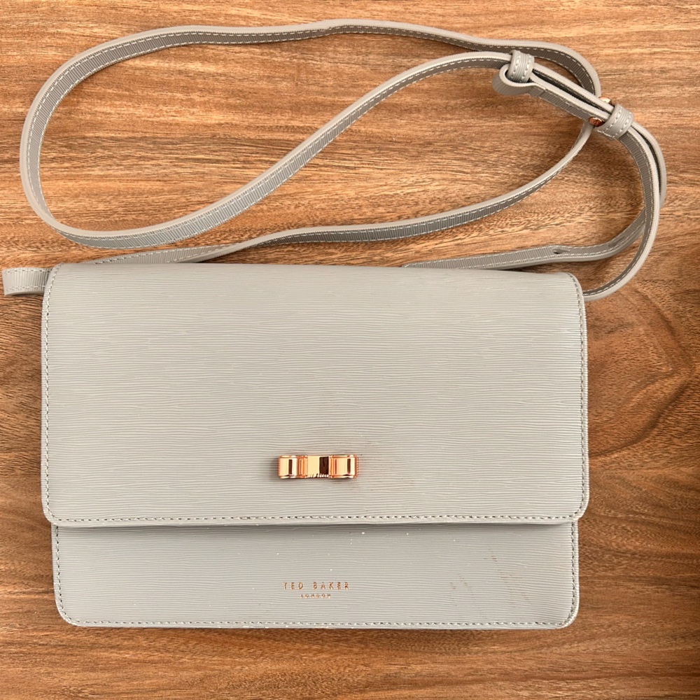 Ted Baker Pale Gray Crossbody Wallet with Gold Bow Hardware